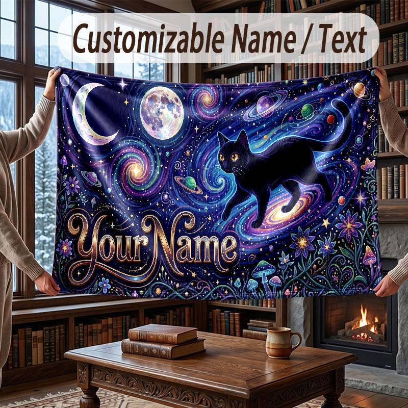 Cat Theme Throw Blanket Custom Name Text Personalized Blanket Soft Cozy Blanket for Home Sofa Bed