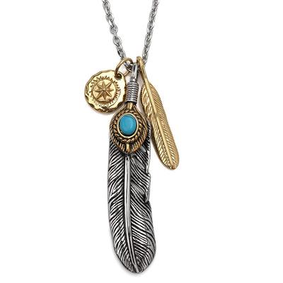 Stainless Steel Triple Feather Necklace for Extra Large Gold Sun Metal Pendant Rope Men, Silver, Feather, Claws, Turquoise, (Gold
