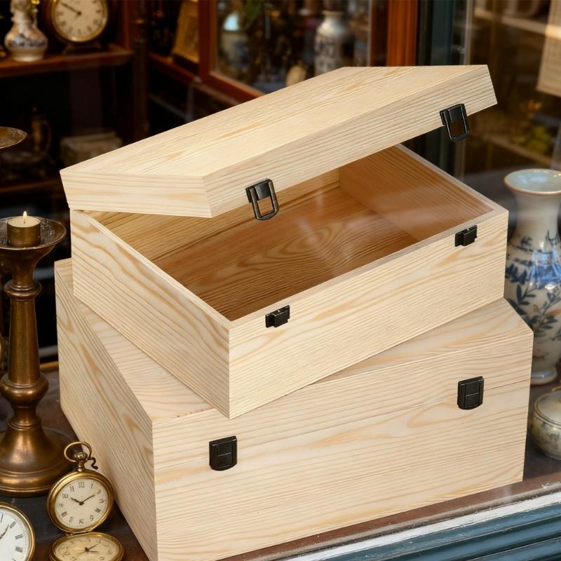 DIY Unfinished Wood Storage Box Large Unfinished Wooden Box with Hinged Lid and Front Clasp for Arts Gifts Jewelry