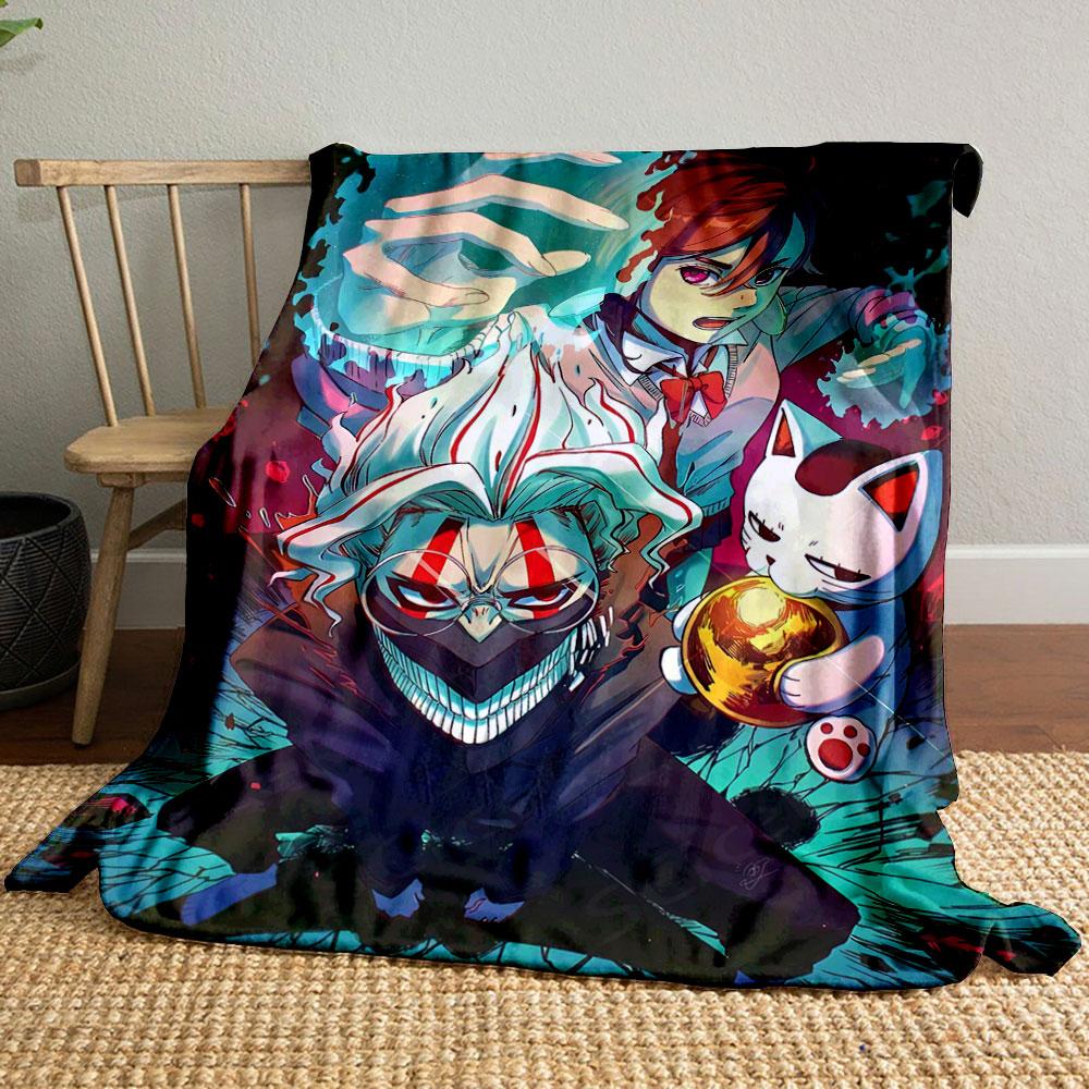 Dynamic anime characters with bold colors and supernatural elements. for all seasons blanket lunch break throw gift