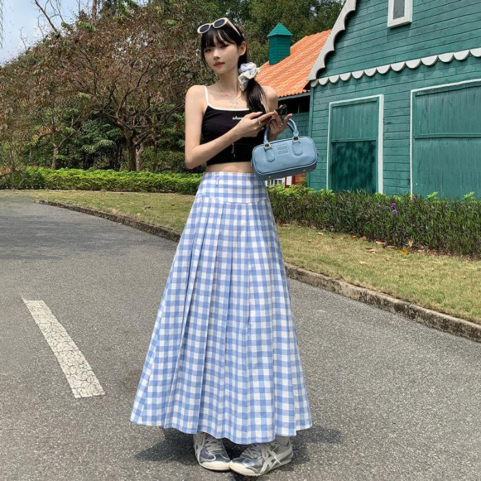 

Ретро Синяя и Белая Клетчатая Длинная Юбка Юбка А-силуэта Юбка-зонт Универсальная Юбка с высокой талией и облегающего кроя Новый стиль Весна и Лето XL