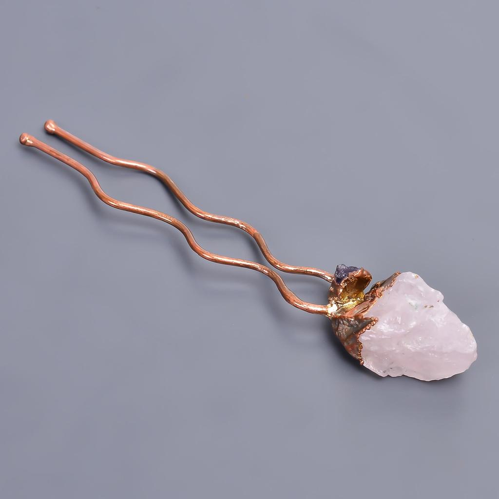 Quartz Rose Naturel Brut Bijoux Faits Main Bâton de Chignon 3,7 Pouces / Épingle à Cheveux en Cuivre Plaqué Or Rempli d'Or Vente de Noël Pour Mère Épouse