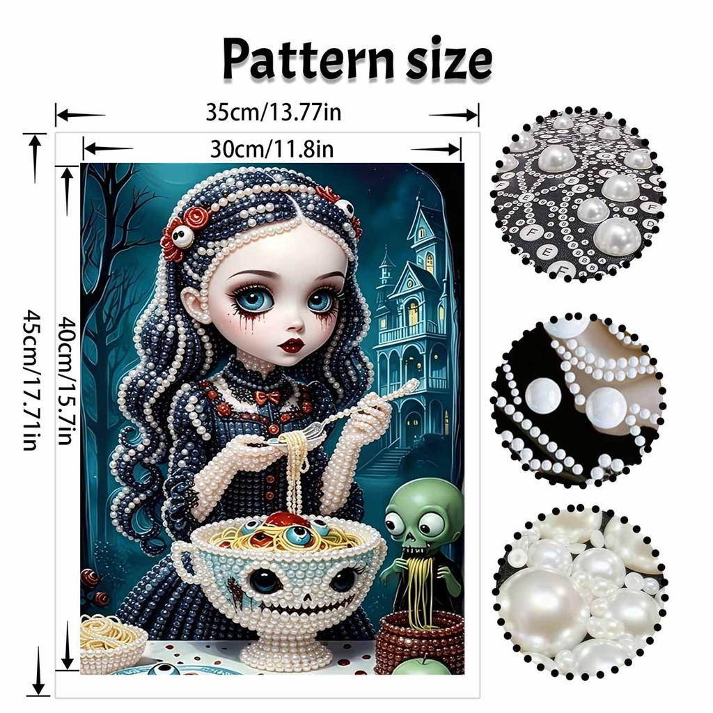 Halloween pearl painting art full pearl gothic girl eating pasta skull handmade diy home decorations