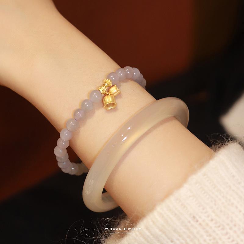 Gentle Breeze and Misty Moon At Night, Natural Hetian Jade Bracelet, Lily of the Valley Flower Bracelet, High-end Vintage Style Birthday Gift for