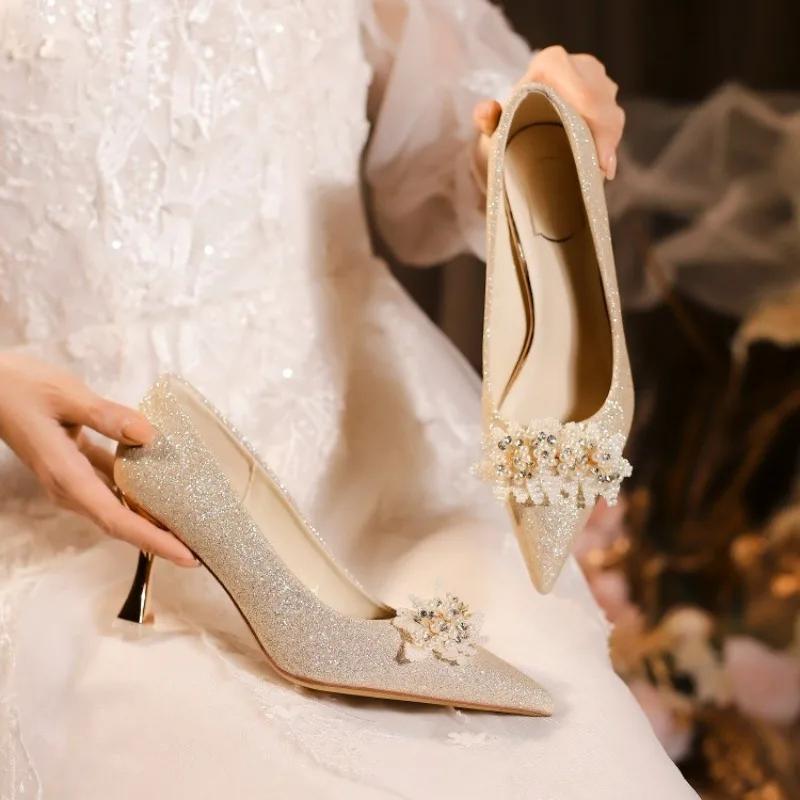 Fashion Women's Crystal Square Buckle High Heels Pumps 2024 Elegant Silk Thin Heeled Wedding Shoes Woman Slip on Pointed Toe Dress Shoes