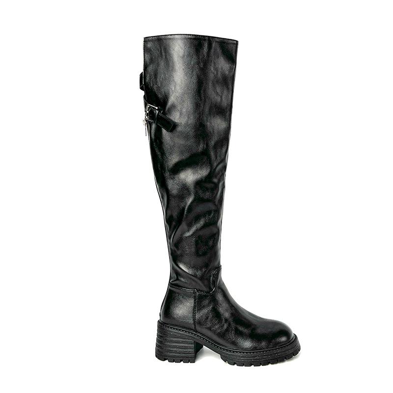 Britischer Stil Kniestiefel Damen 2025 neu retro dünn plissiertes gewaschenes Lederstiefel dicksohlige Ritterstiefel