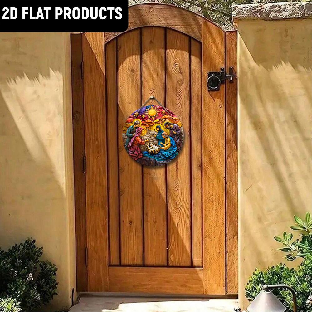 Wooden Christ Decor Wood Round Sign -The Birth of Jesus, The Sculptural Style of Gorgeous Colors -for Door, Wall, Home, Room, Farmhouse, Street, Shop