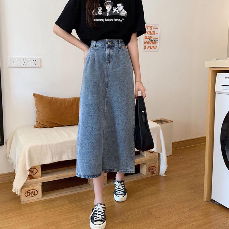2021 High-Waisted Retro A-Line Denim Midi Skirt: HyunA Style Slimming Slit Summer Edition