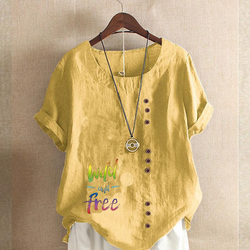 Damenmode Farbverlauf Buchstaben bedruckt Rundhals Kurzarm T-Shirt Lässig Baumwolle Leinen Grafikshirt Freizeit Locker Sommer Bluse Tops