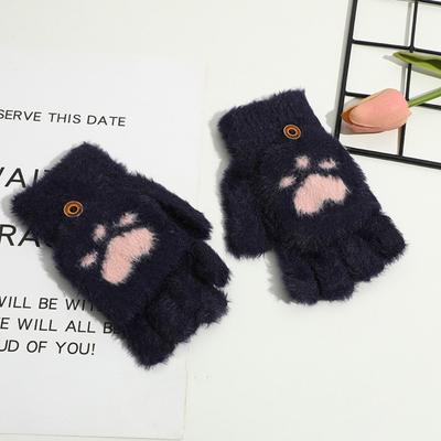 Fashion Cartoon Cat Paw Gloves Fingerless Soft Winter Gloves Warm Fleece Thicken Flip Knit Mittens Women Girls