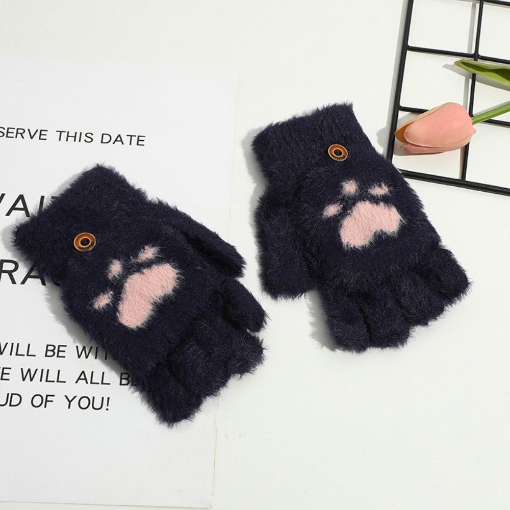Fingerless Cat Paw Gloves Warm Fleece Touch Screen Gloves New Flip Knit Mittens  Women Girls
