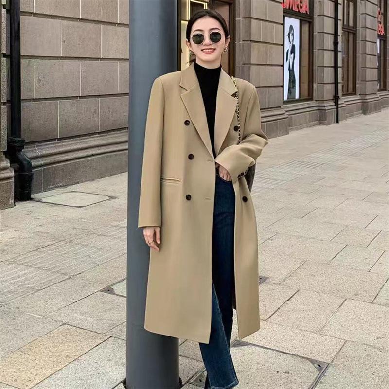 Women Long Double Breasted Blazer Trench Coat Elegant Lapel Oversized Maxi Suit Jacket Spring Autumn Casual Outerwear