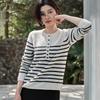 Women's 100% Pure Cashmere Striped Button-Up Raglan Sleeve Cardigan Sweater, Round Neck for Autumn/Winter