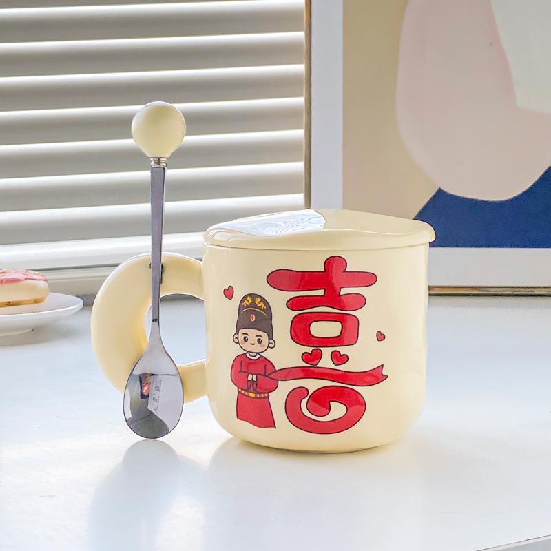 Cute High-value Festive Mug with Lid Spoon Couple Pair Cup Wedding Gift Ceramic Drinking Cup Coffee Cup