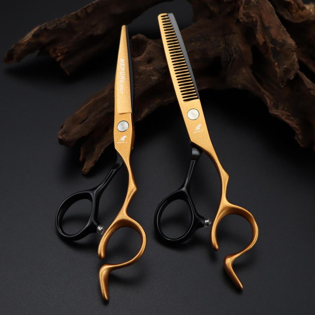 6.0" Black & Gold Notched Handle Napson Hairdressing Scissors: Barber, Straight, Bangs & Thinning Scissors.