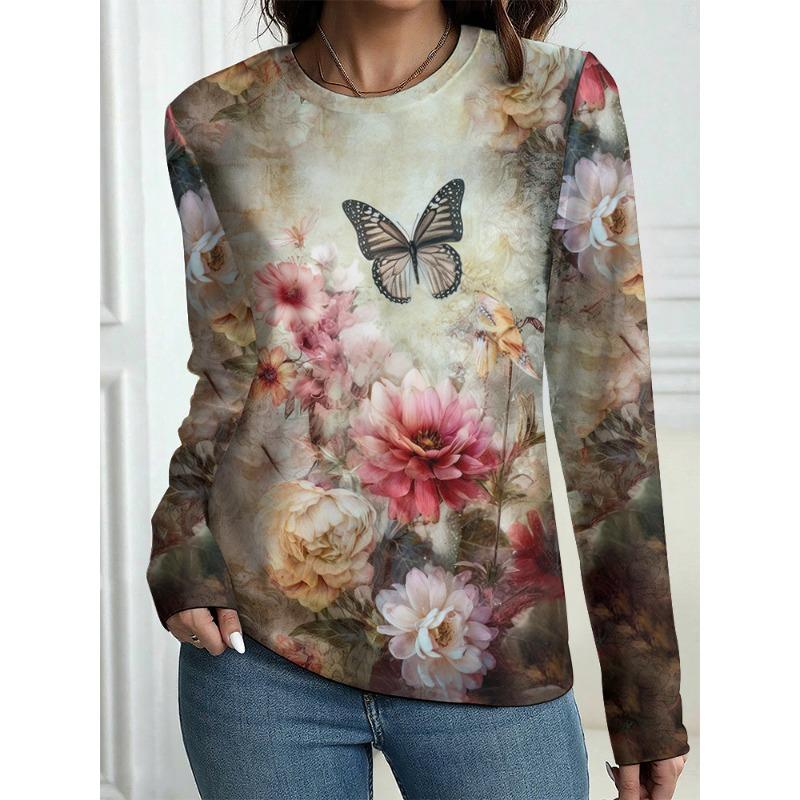 New Autumn Women's Long-Sleeved T-Shirt Casual T-Shirt Top T-Shirt Vintage Floral Pattern OverSize Women's Clothing