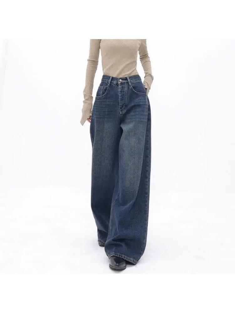 Amerykańskie jeansy vintage z wysokim stanem i oversize dla kobiet, luźne, luźne, Y2K, szerokie nogawki, modne, streetwear, niebieskie, dżinsowe spodnie