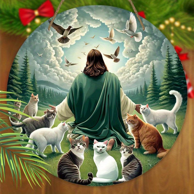 Houten Bord in Moderne Stijl met Epifanie Jezus & Kat & Vredesduif Patroon, Jezus Rond Bord voor Voordeur Wandhanger Decoratie, Ideaal Epifanie Cadeau