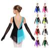 Kids Girls Latin Dance Figure Skating Leotard Sleeveless Mesh Patchwork Shiny Rhinestone Color Block with 1 Pair Gloves Competition Stage Performance