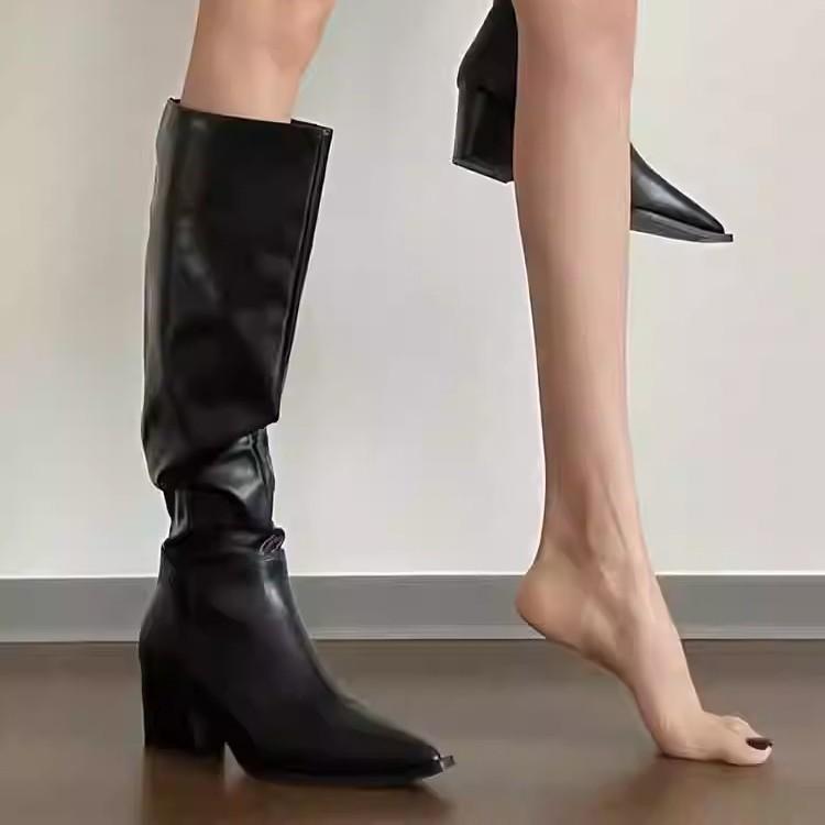 Fashion Winter Vintage Women Knee High Boot Concise Slip on Thick Heel Shoes Square Toe Knight Long Booties 2025 New