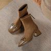 High Heel Short Boots New Year's Boots Splicing Square Head Spring and Autumn Single Boots Thick Heel Retro Horse Buckle Medium Boots
