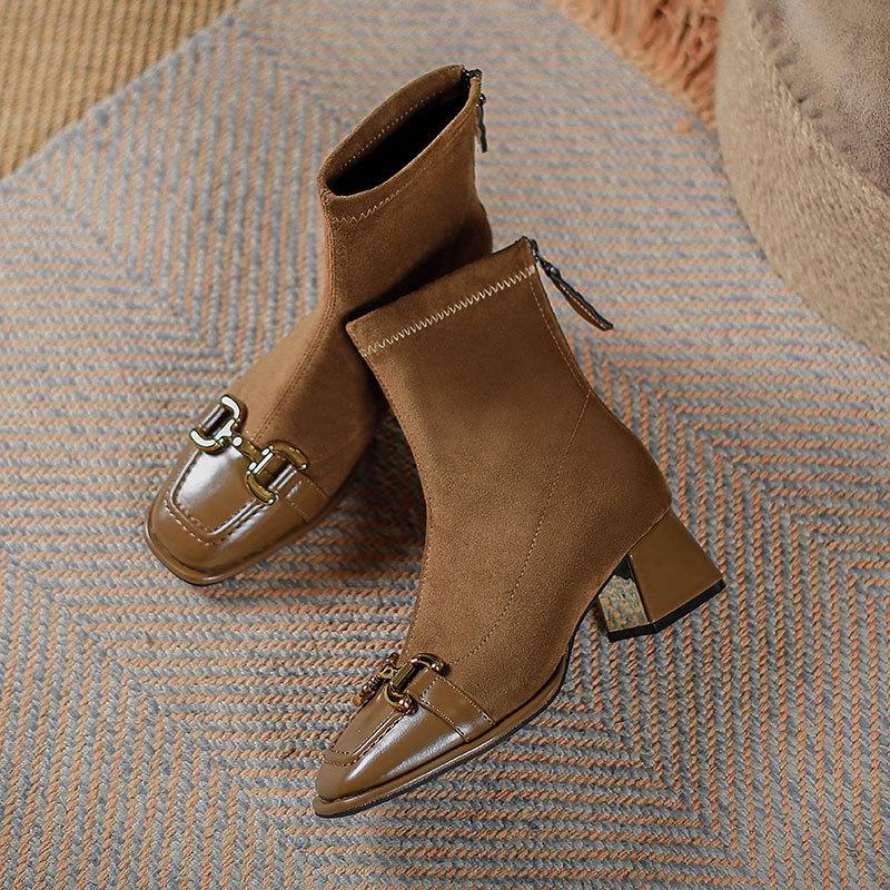 High Heel Short Boots New Year's Boots Splicing Square Head Spring and Autumn Single Boots Thick Heel Retro Horse Buckle Medium Boots