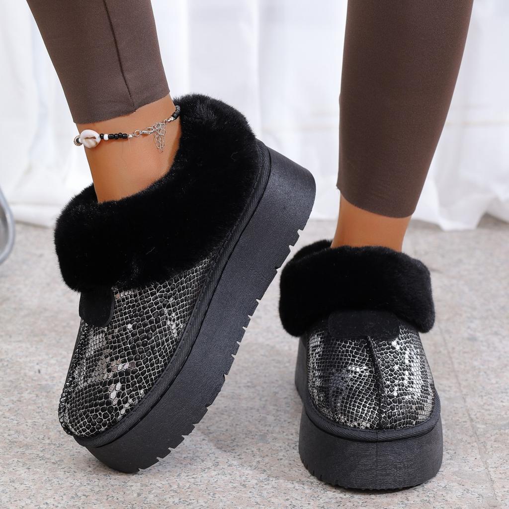 Fashion Women's Shiny Sequins Platform Snow Boots Warm Thicken Plush Winter Ankle Boots Woman Non Slip Thick Bottom Cotton Padded Shoes