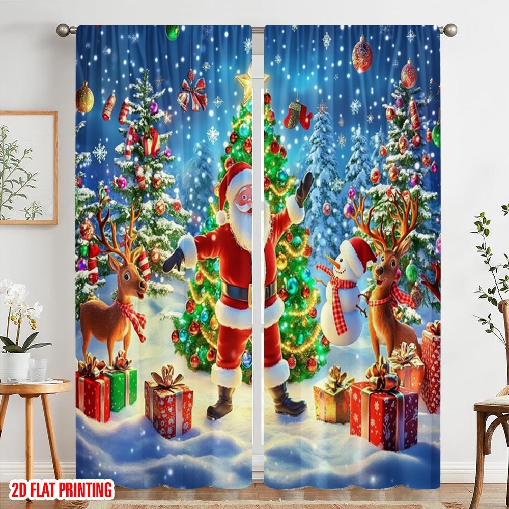 2pcs,2D plane printing Window Curtain Santa Claus and the Reindeer Festival (2) Polyester Fabric (without rod) Decorations For