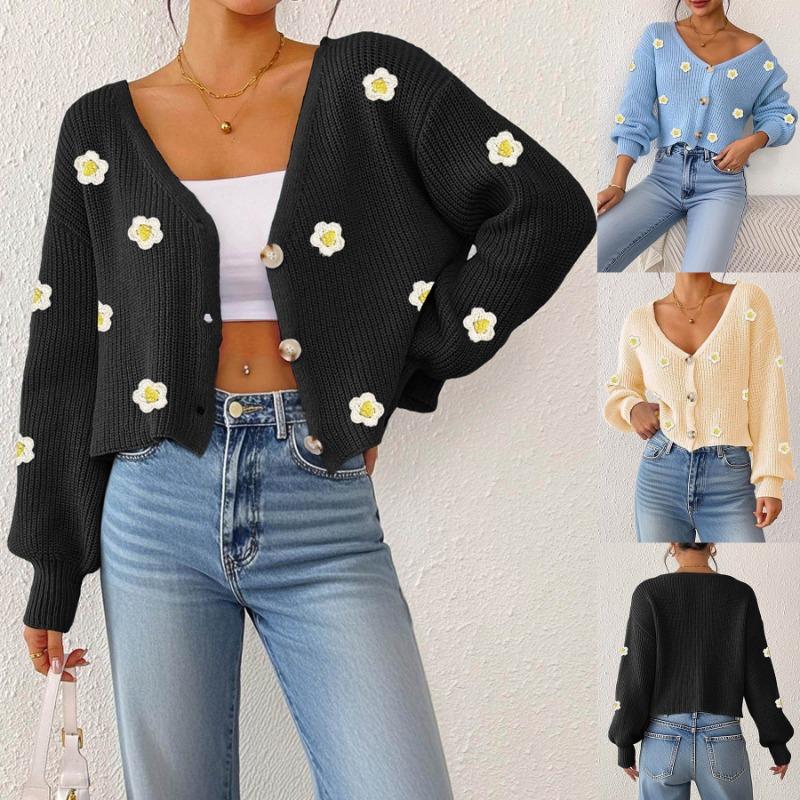 Women Loose Long Sleeve V Neck Cropped Hand Crochet Flower Patchwork Cardigan Sweater