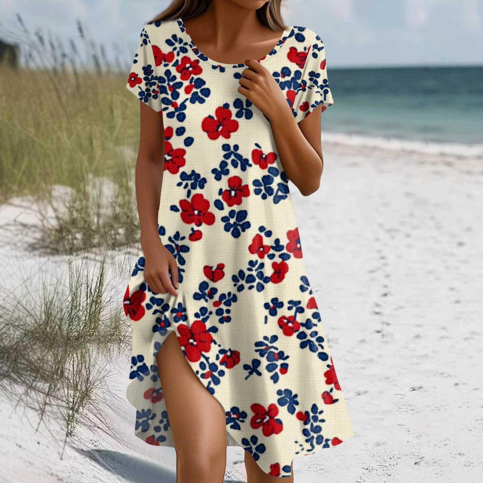 

Short Sleeve Boho Dress For Women Casual Loose Fit Summer Sundress Floral Print Dress With Pockets XL винний