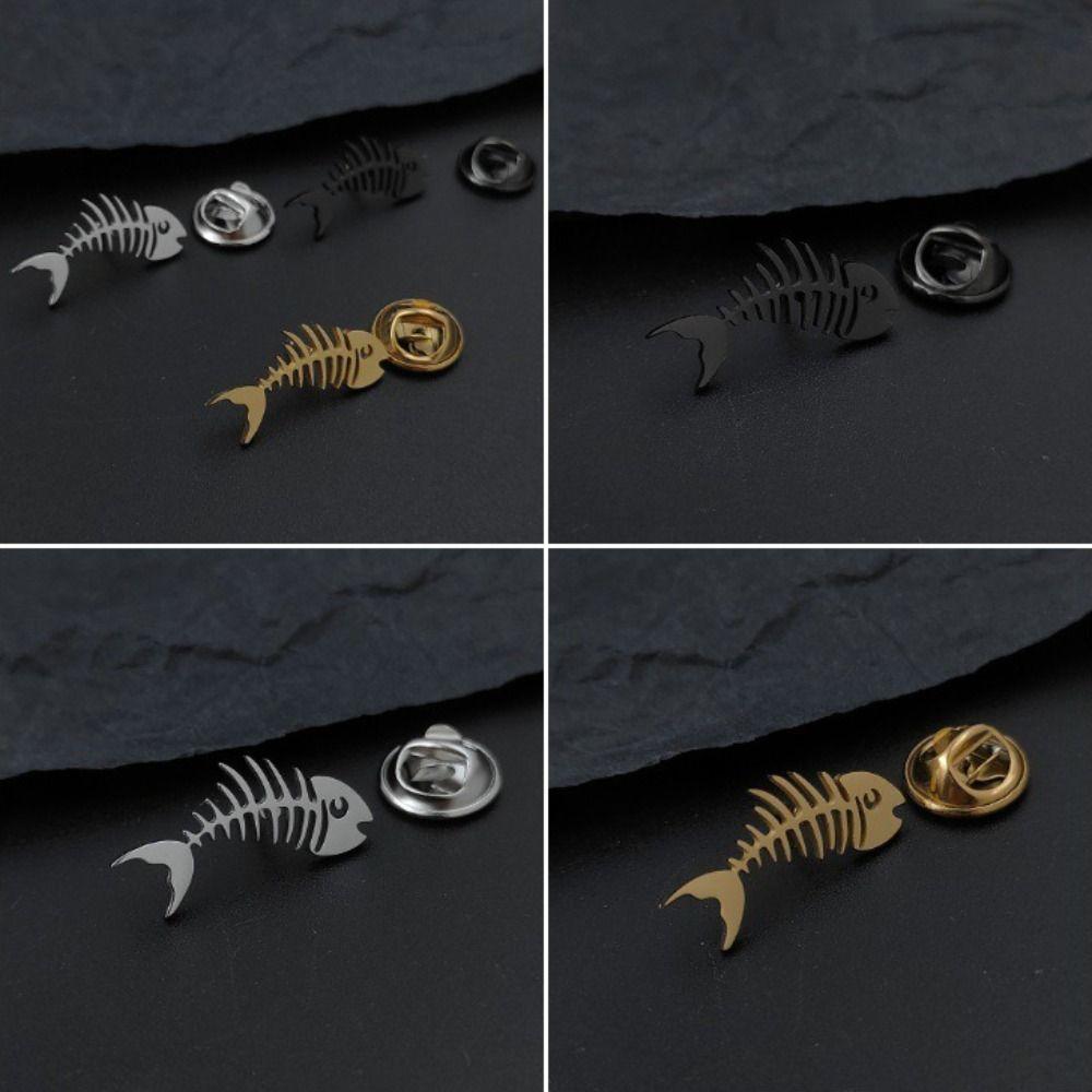 Hollow Design Fish Bone Badge Stainless Steel Fish Skeleton Lapel Pin Suit Decoration