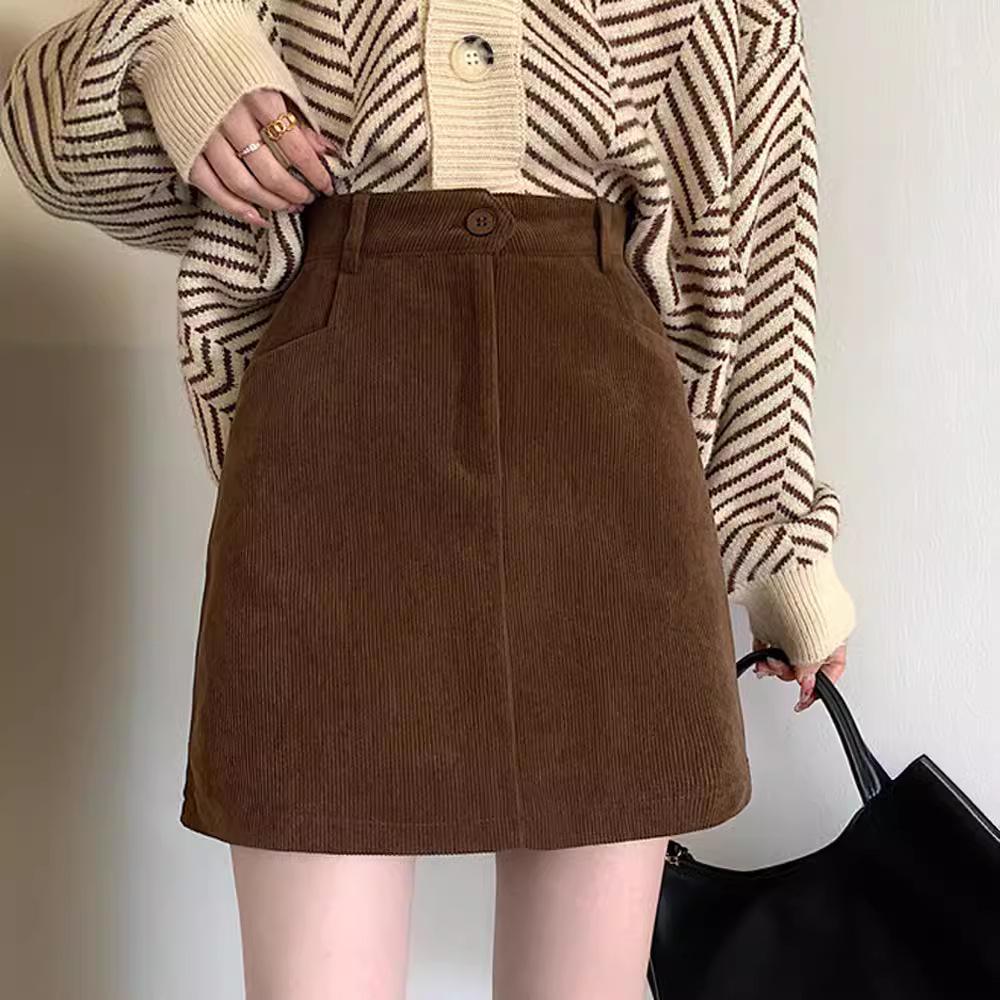 2023 Women's High Waist Brown Corduroy A-Line Skirt - Autumn/Winter Slim Fit for Petite Figures