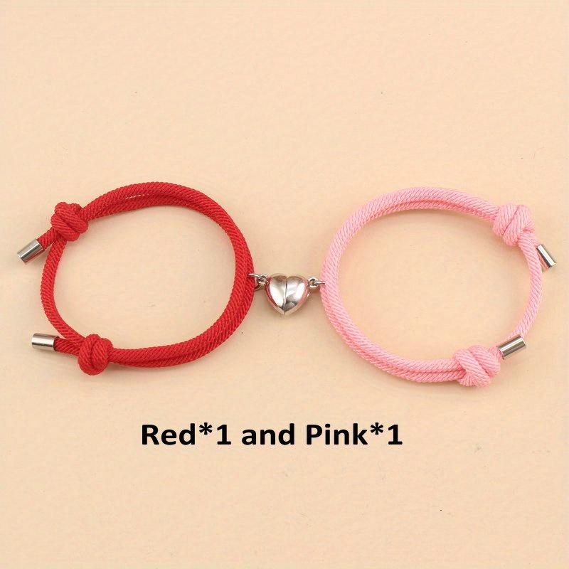2pcs/set Magnetic Heart Charm Braided Rope Adjustable Bracelets For Couples, Holiday Birthday Gift For Boyfriends / Girlfriends
