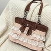 Vintage Lace Bow Tote Bag Women Large Capacity Shoulder Bag With Tiered Lace Trim Chain Design Cute Lightweight Canvas Handbag