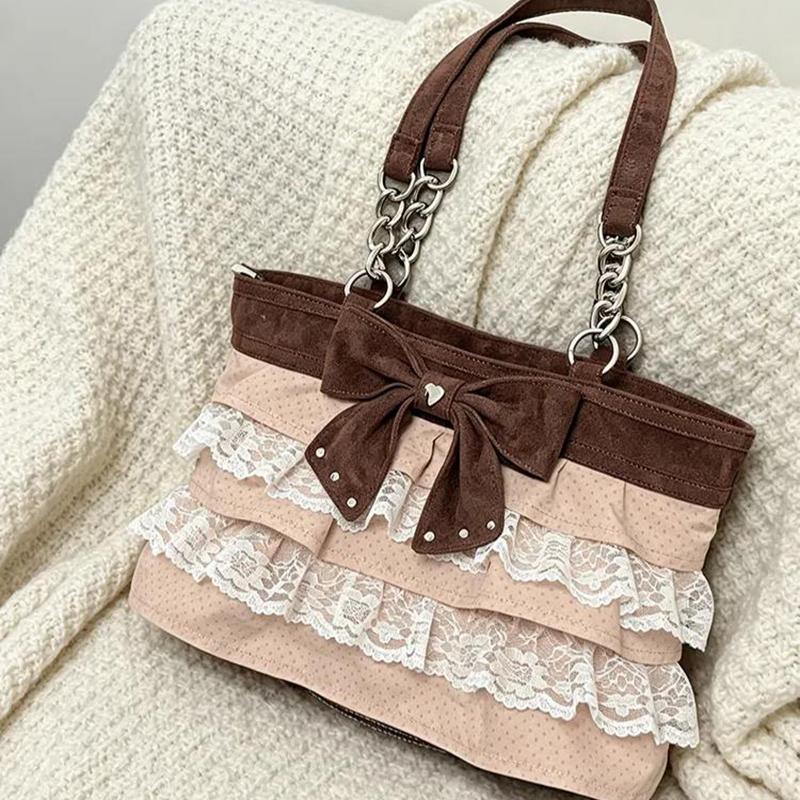 Vintage Lace Bow Tote Bag Women Large Capacity Shoulder Bag With Tiered Lace Trim Chain Design Cute Lightweight Canvas Handbag