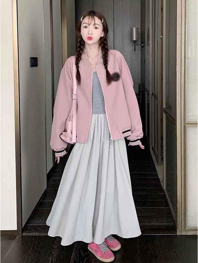 Women's Pink Retro Baseball Jacket: Casual, Loose, Slimming, Autumn/Winter College Style Outerwear.