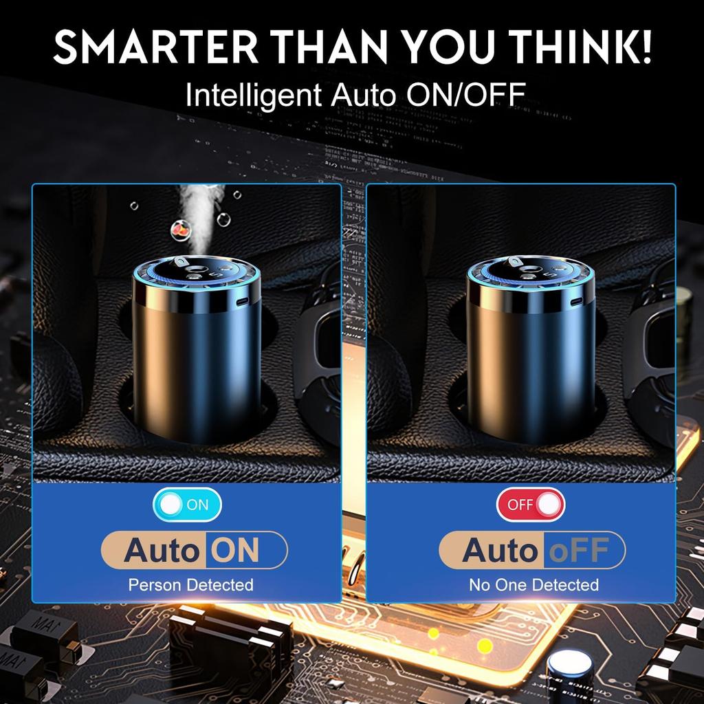 Smart Car Air Freshener, Auto-Sensing Atomization with Adjustable Concentration, USB Rechargeable, 5 Fragrance Modes for Long-Lasting
