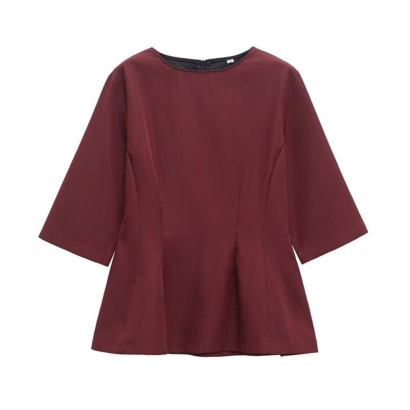 

Однотонная женская рубашка с коротким рукавом и круглым вырезом, эластичная талия, женская блузка 2025 года, модная повседневная рубашка весна-лето со складками, универсальная женская рубашка L вино красного