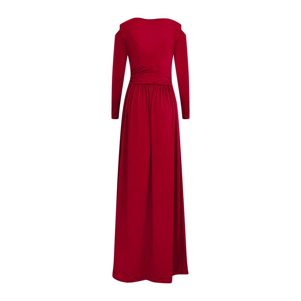 Women's Long Sleeve V Neck Maxi Dress with Side Slit Solid Color Split Hem Elegant Casual Dress for Daily Wear and Special Occasions