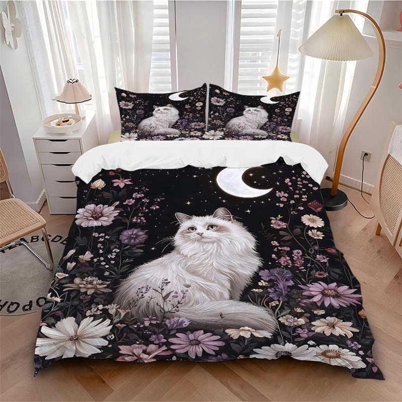 3pcs Starry Sky and White Cat Printed Duvet Cover Set (1 * Cover+2 * Pillowcase, Without Core), Suitable for Home Bedroom, Guest Room, Dormitory