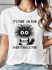 Ladies Fashionable Short Sleeved Printed Tshirt Coffee Cat Fun Printed Round Neck Machine Washable Comfortable Top