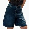 Damen Mid-Rise Bermuda-Shorts Lockerer Schnitt Streetwear Gewaschene Jeans-Shorts Einfarbige Weitbeinige Jeans