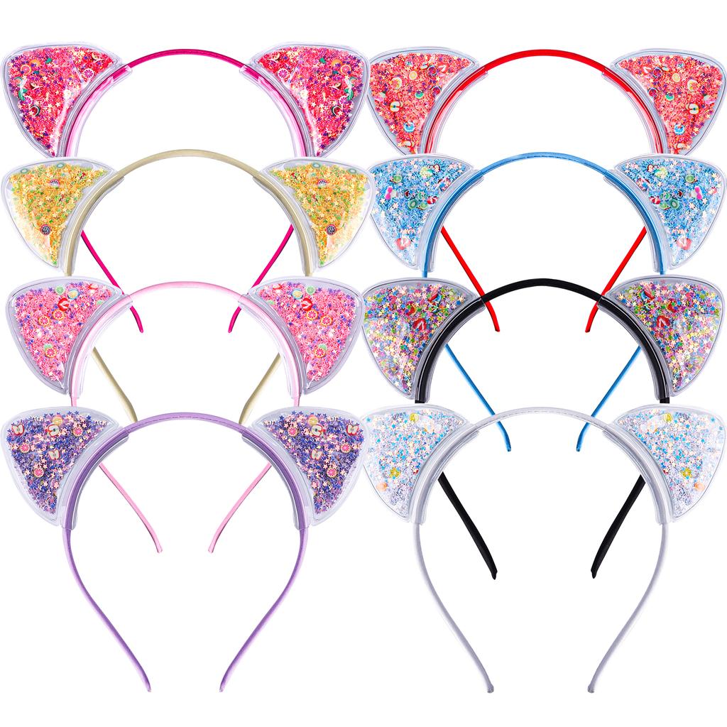 Čelenka s kočičími oušky pro dívky Průhledná flitrová s tekutým pískem Vlasové obruče Roztomilé vlasové doplňky pro každodenní nošení, na párty, cosplay