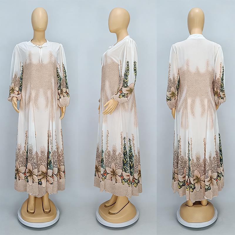 European-American Retro V-neck Printed Long Sleeve Dress with Hot Drilling XL