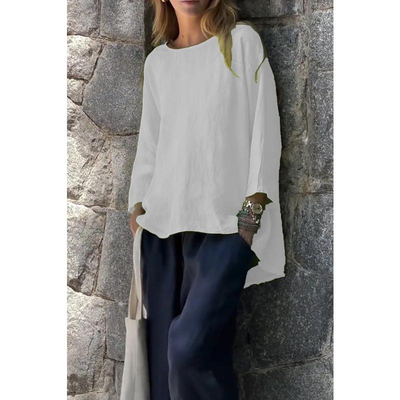Women s Linen Boat Neck 3/4 Sleeve Blouse Casual Loose Fit Asymmetrical Hem Top S белый