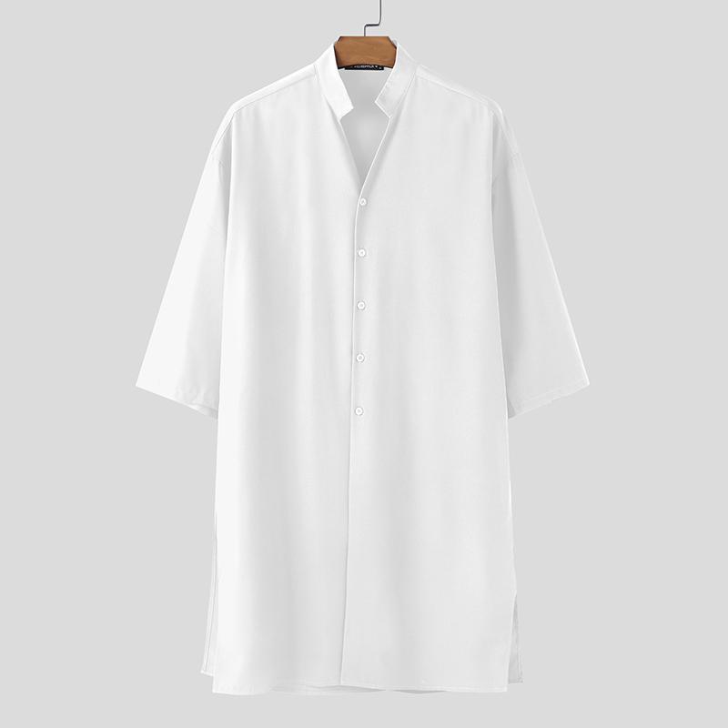 INCERUN Summer Men Stand V Neck Short Sleeve Splits Casual Long Shirts 4XL
