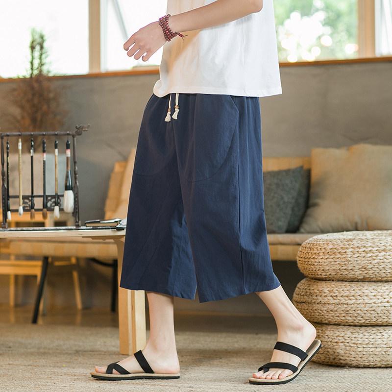 Loose Cotton Linen Men's 7/8 Pants Summer Casual Wide Leg Shorts Breathable Comfortable Loose Fit Male Model Beach Style