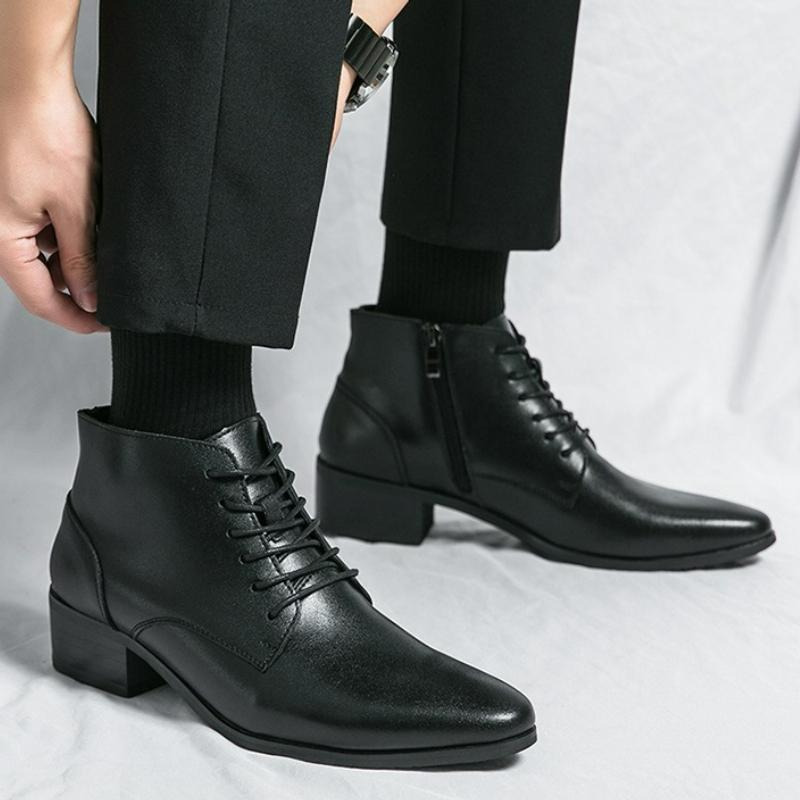 Herrenstiefel Business Lederstiefel Mode Schnürstiefel Knöchelhohe Reißverschluss Freizeitschuhe Spitz zulaufende Plateau Chelsea Stiefel