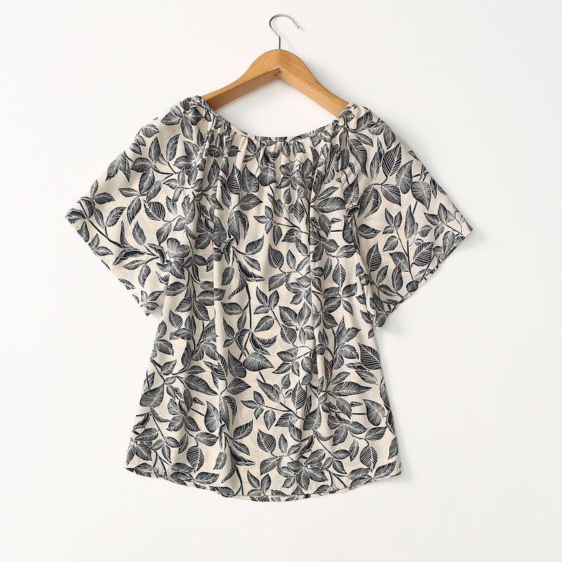 Foreign Trade Original Order Export Plus Size Women's Clothing Retro Print Loose Slimming Lace-up Short-Sleeved Chiffon Shirt Doll Shirt