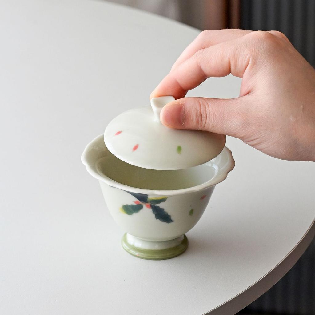 Guochao Hand-Painted Plantain Cover Bowl Two Cup Set Portable Cloth Bag Outdoor Tea Drinking High Value Light Luxury Travel Tea Set